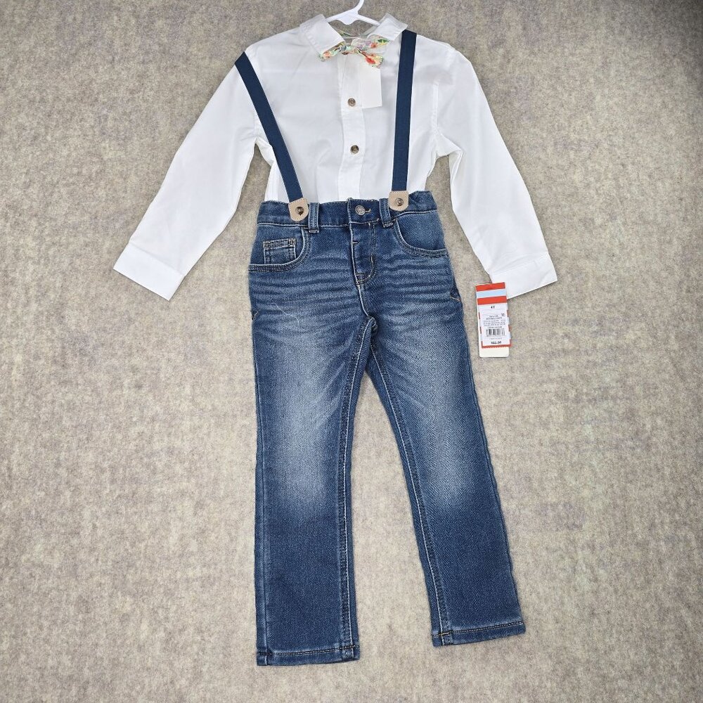 Cat & Jack Boys 4T White Shirt Denim Overalls Floral Bowtie Outfit - Picture 1 of 10
